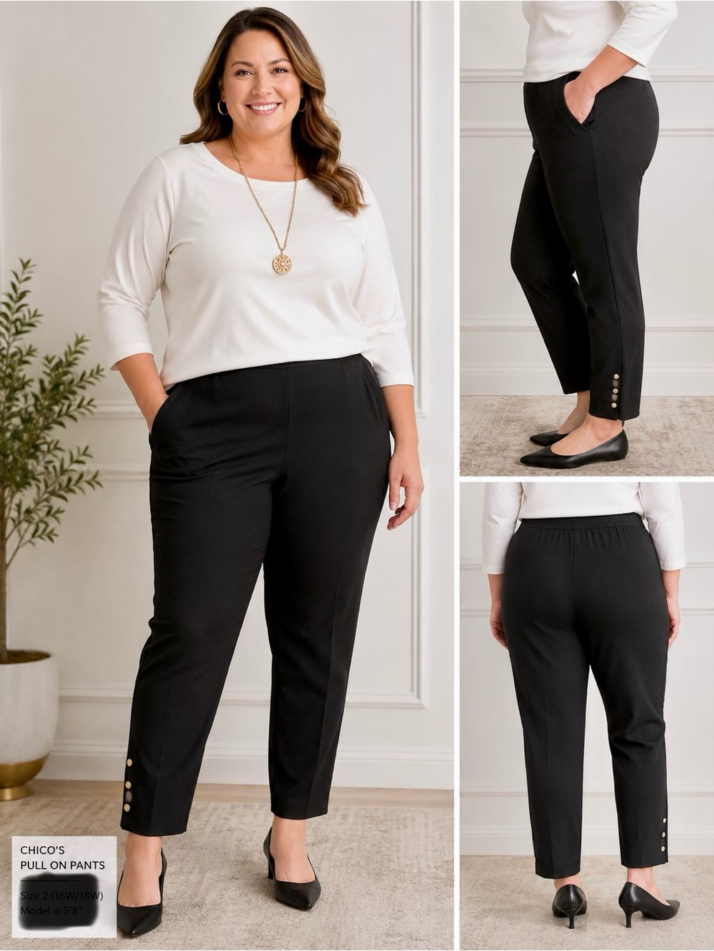 Chico's Black Pull-On Ankle Pants with Side Button Detail
